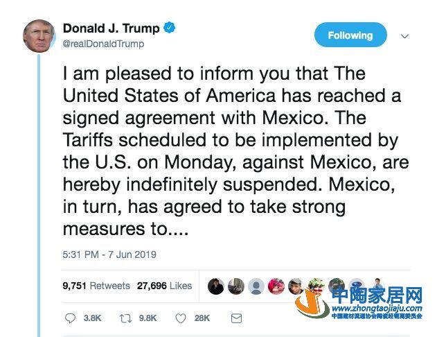 美国与墨西哥达成协议 加征关税计划无限期暂停(图1)